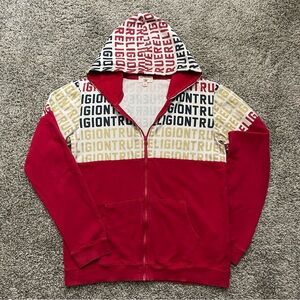 True Religion Men’s Blocked Hoodie Red All Over Print Zip Up Size XL Slim Fit